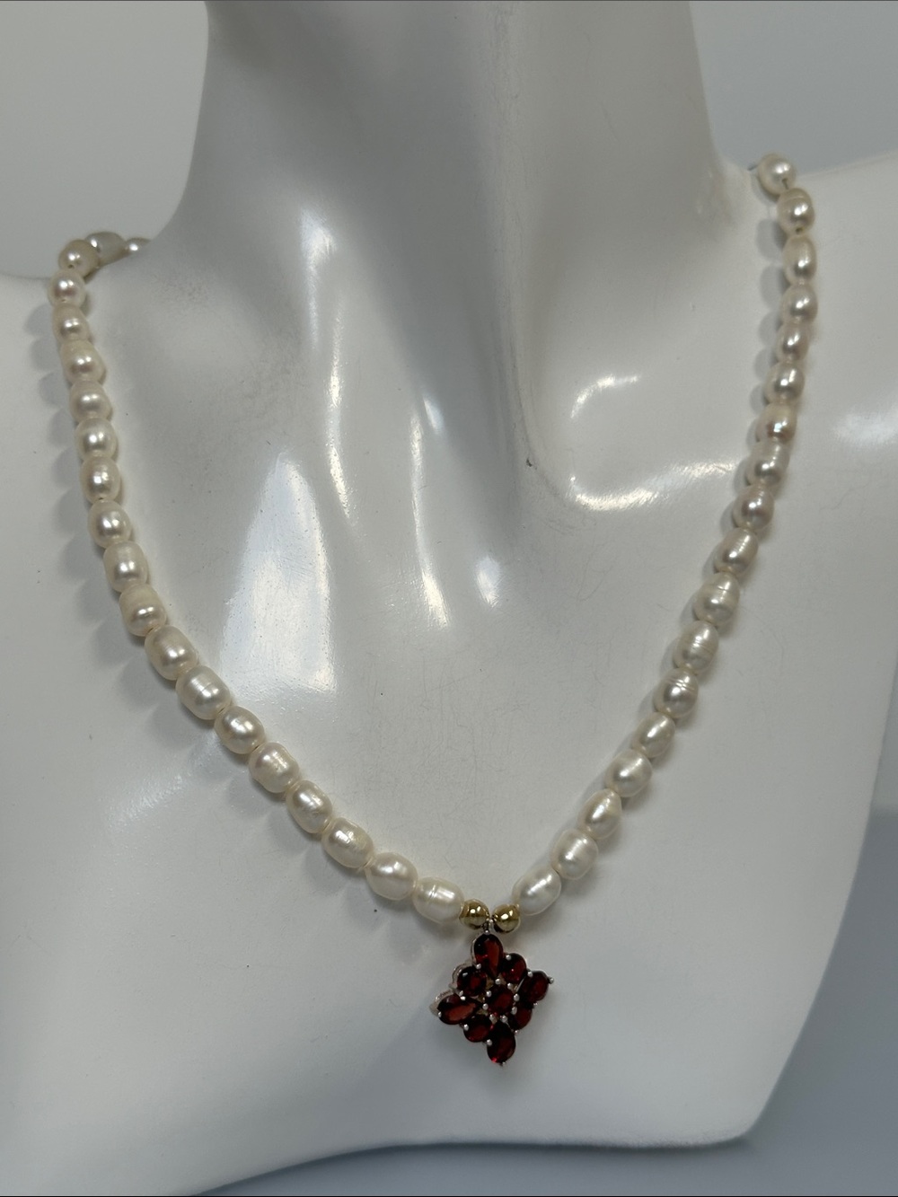 Real Pearl Necklace with Garnet Pendant